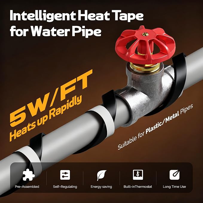 Heat Tape for Water Pipes with Thermostat, Anti-Freeze, Electric Heat Tape, Keeps Water Flowing at -22℉/-30℃, 25FT, Black, Listed 120V