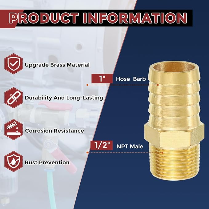 Pack of 1 Brass Hose Barbs Fittings 1" Hose Barbs to 1/2" NPT Male Fittings for Home Machines, Massage Bathtubs, and Irrigation Systems