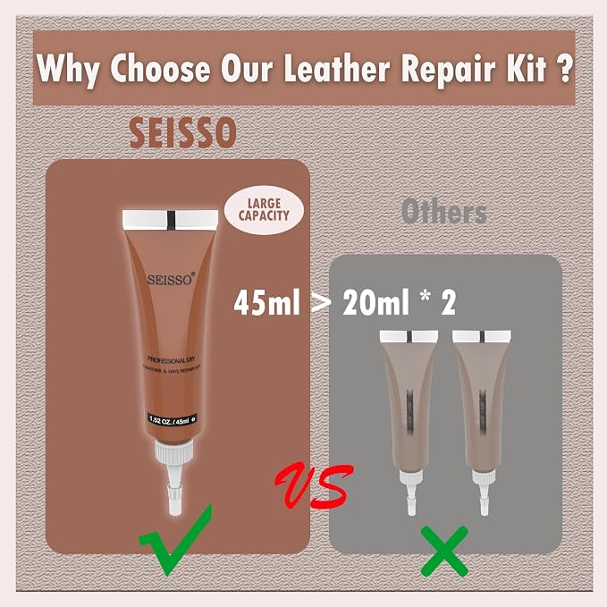 SEISSO Brown Leather Repair Kit for Furniture, Vinyl Couch Repair Kit for Sofa，Restores Any Material, Bonded, Pleather, for Scratch, Tears, Burn Holes with Super Easy Instructions (5 Colors)