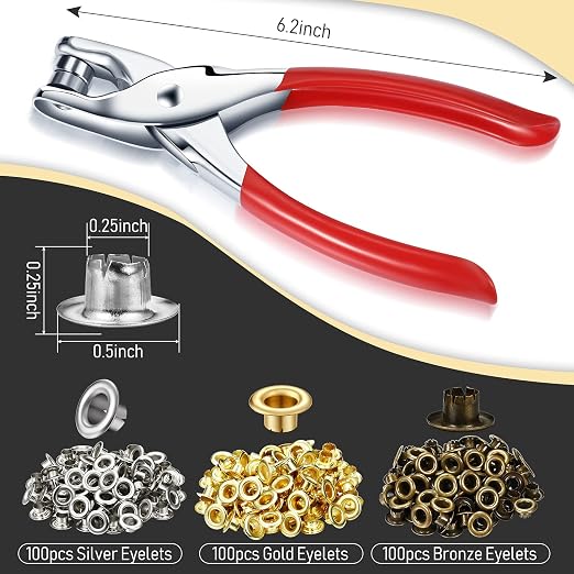 Mudder 301 Pcs Grommet Eyelet Pliers Tool Kit, Fabric Leather Hole Eyelets and Grommets Punch Pliers with 300 Metal Eyelets for Belt Shoes Cloths(1/4 Inch,Coppery, Gold, Silver)
