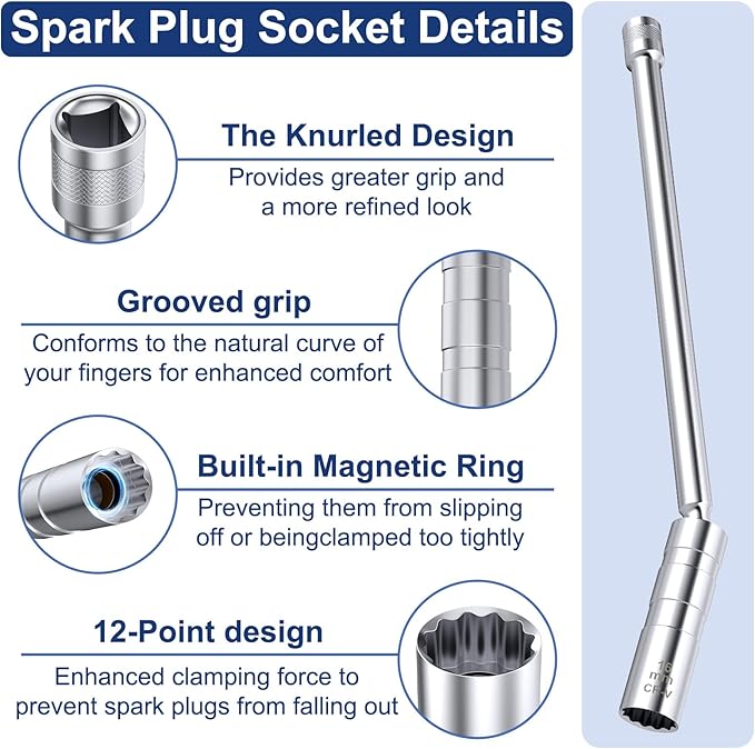 16mm Spark Plug Socket, Thin Wall 3/8" Drive Spark Plug Socket Removal Tool, 12 Point x 11.4" Total Length, 360 Degree Magnetic Swivel Spark Plugs Socket for Most Car Models