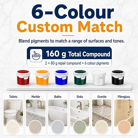 Tub & Tile Repair Kit for Renters & Homeowners, 5.6 oz Porcelain Repair Epoxy with 6 Pigments, Easy-Sand to Fix Chips, Cracks, Holes, Dents & Scratches on Tub, Sink, Countertop & Tile