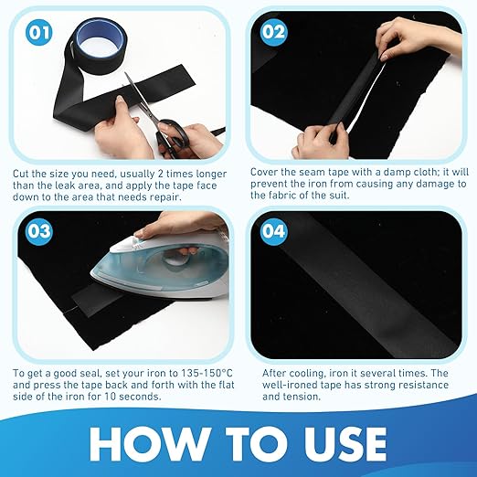 VioraWhite 2 Rolls Wetsuit Repair Iron on Seam Tape 2 Inch 16.4 ft Waterproof Sealing Patch for Neoprene Wetsuit Drysuit Fishing Suits Industrial Standard Carrier Material Black Color