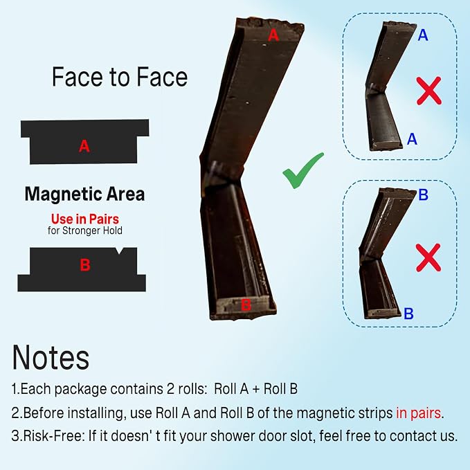 A+B Paired Magnetic Strips for Shower Door Replacement (Non-Adhesive), 13ft 2Rolls, Insert for Framed and Semi-Framed Sliding Glass Doors