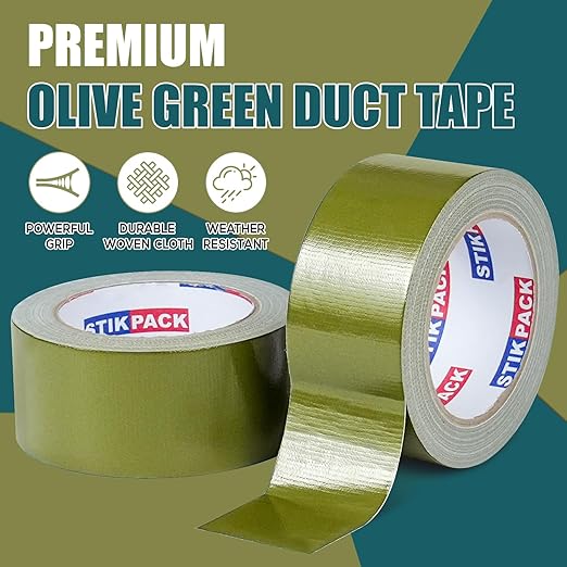 Colored Duct Tape, 2 Rolls Heavy Duty Olive Green Duct Tape 9 Mil x 2 Inch x 25 Yards Flexible, Strong, No Residue, Waterproof and Tear by Hand, Multi-Use for Indoor & Outdoor Repairs