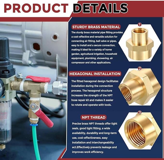 Packs of 2, 3/8" NPT FeMale to 3/8" NPT FeMale Solid Brass Pipe Fitting Coupler W/Sealing Tape, Brass Coupling Hose Fittings Adapter for Pipe Leak Repair, Tool Extensions