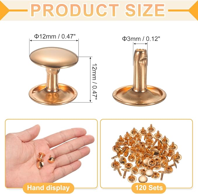 uxcell 120Set Leather Rivets, 12mm Double Cap Rivet Tubular Metal Studs Repairs Decoration Craft Accessories for Repair Decorate Leather Craft Belt Bag Shoes Purse Belts, Light Gold