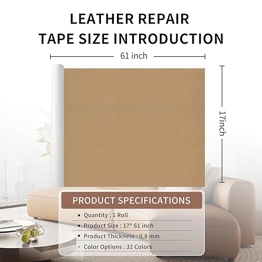 Leather Repair Patch Tape, Dark Beige 17 x 61 Inches Self Adhesive Leather Repair Kit for Furniture, Car Seat,Vinyl Leather Repair Kit for Office Chairs, Bags,Luggage