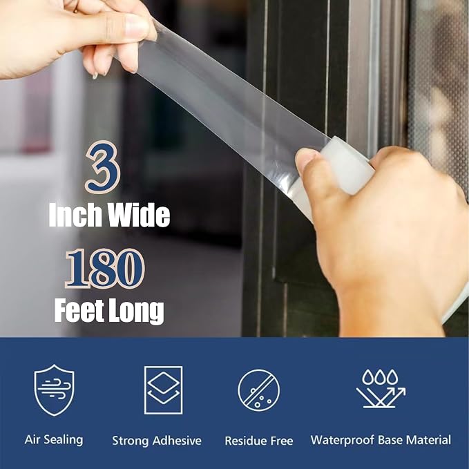 Breliter Heavy Duty Window Weather Sealing Tape - Transparent Window Tape for Winter and AC Insulation, No Mess Winter Window Seal Kit - 3 Inch Wide 180 FT Long