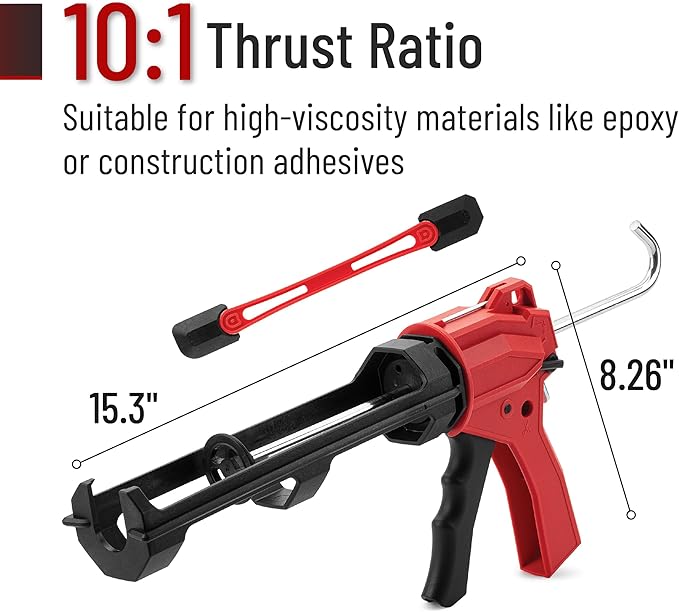 Bates- Caulking Gun Tool, 10:1 Thrust Ratio, Black & Red, 360° Rotating Plastic Barrel, Caulk Gun with Spout Cutter, Seal Puncture Tool, Built-in Scraper and Finishing Tool