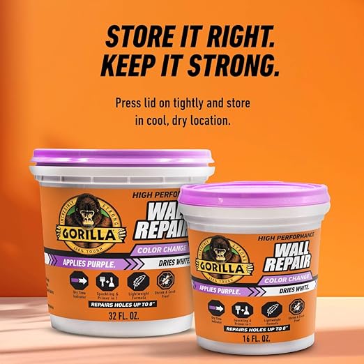 Gorilla High Performance Wall Repair Color Change, 32 Ounce Tub, Applies Purple, Dries White – Spackling & Primer in One, Shrink & Crack Resistant