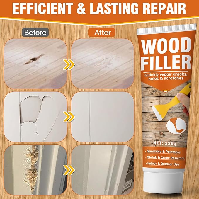 Wood Filler, 7.76 oz Paintable & Sandable Wood Putty –Low Odor, Shrink & Crack Resistant-Quick Repair for Cracks, Holes and Damage-For Indoor & Outdoor Wood Repair(White)
