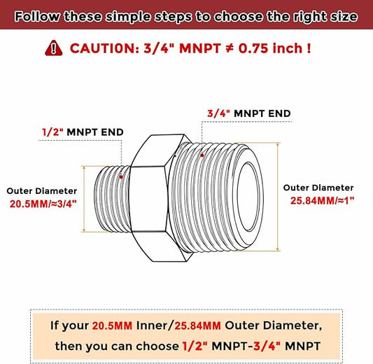 Pack of 6, 3/4" MNPT To 1/2" MNPT Solid Brass Hex Nipple Hose Connectors, Male Pipe Adapter for Pipe Leak Repair, Bathroom Remodeling, Tool Extension, Compression