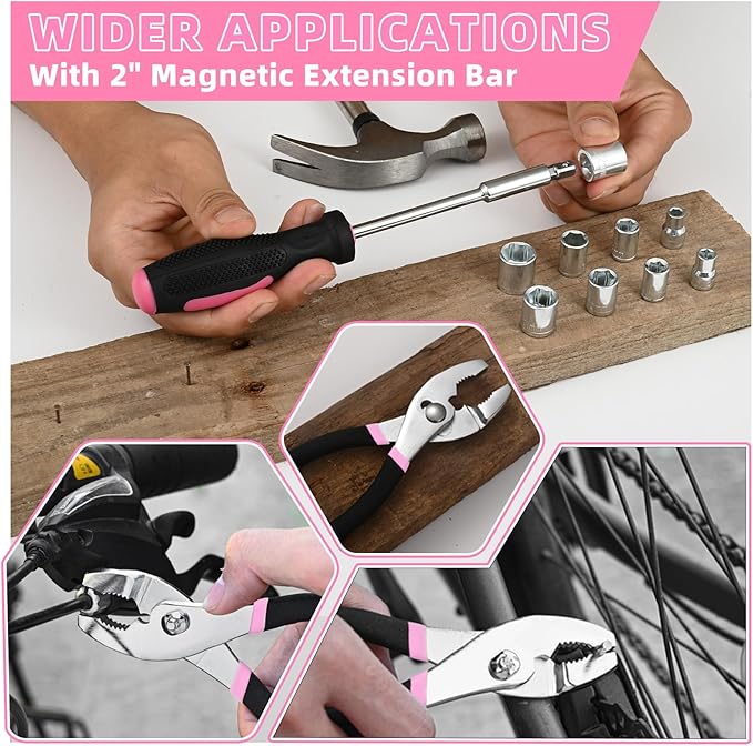 144-Piece Pink Tool Kit Basic Home Repair Tool Set General Household Hand Tool Kit Small Tool Kit with Plastic Toolbox basic home tool kit for Women, Office & College Repairs