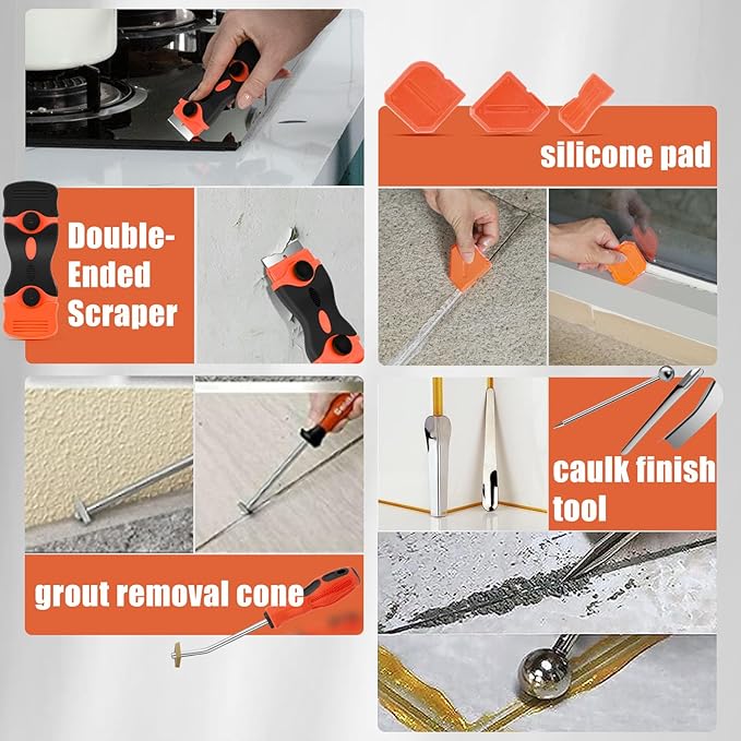 Caulking Tool Kit, Matework Stainless Steel Caulk Remover Caulking Tool Set with Cut Resistant Gloves, Scraper, Silicone Caulking Tools, 4 in 1 Caulking Finishing Tool for Bathroom Kitchen Living Room