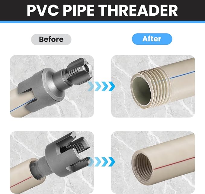 PVC Pipe Threader Kit, 1/2" and 3/4" Internal External Threading Tool with Seal Tape, Electric Drill Compatible for Plastic Pipe Plumbing Repair and Maintenance