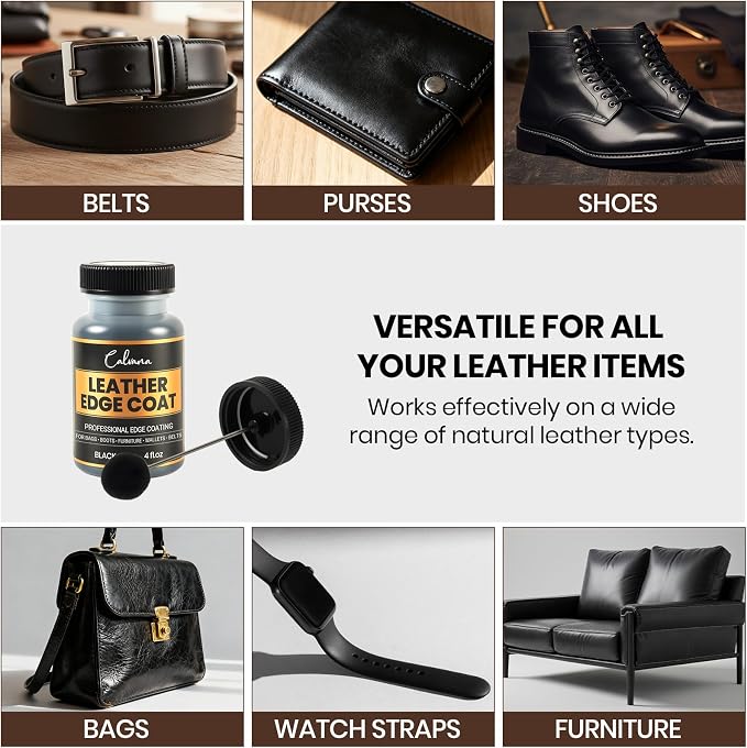 Black Leather Edge Coat with Built-in Applicator - Flexible, Water-Resistant Edge Sealer & Finish for Purses, Belts, Shoes, Bags, Furniture & More (4oz)