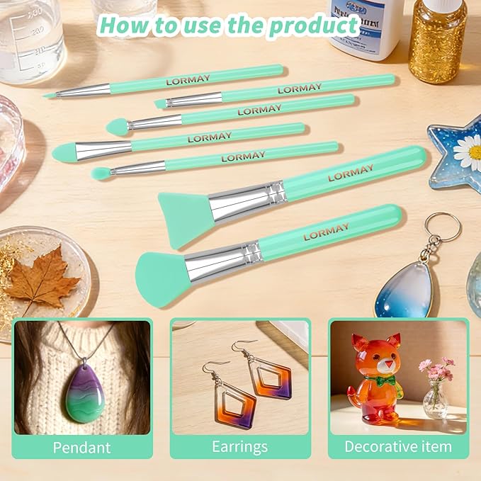 LORMAY 7 Pcs Silicone Brush Applicator Kit for UV Resin Epoxy Art Crafts and Cream Makeup Products, Mint Green