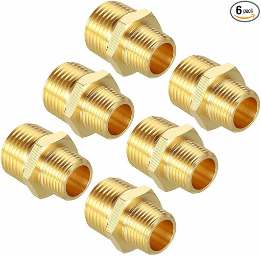 Pack of 6, 1/2" Male NPT to 3/8" Male NPT Solid Brass Hex Nipple Hose Connectors, Male Pipe Adapter for Pipe Leak Repair, Bathroom Remodeling, Tool Extensions, Compression