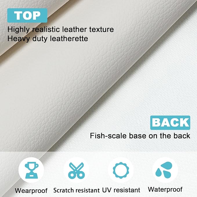 Faux Leather Vinyl Fabric, 78“ x 55” White Grained Lychee Leather Sheets, Synthetic Leather Material, for Upholstery Crafts, DIY Sewings, Automotive, Outdoor Boat Pleather
