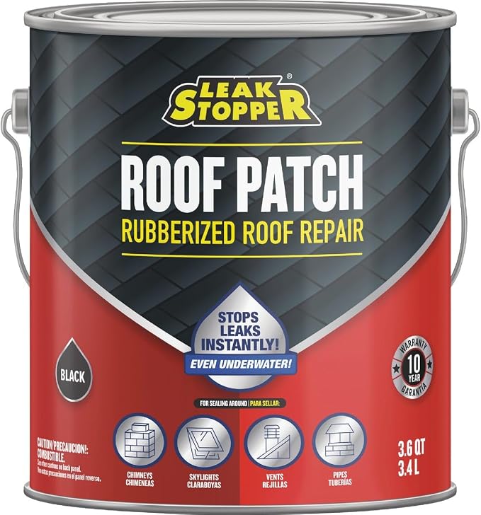Gardner-Gibson Leak Stopper Rubberized Roof Patch 1 Gallon | 100% Flexible Instant Sealant for Built-Up Roofs, SBS Modified Roofs, Metal Roofs & Many Other Surfaces | 10 Years Warranty | Black |