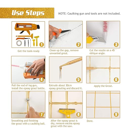 NADAMOO Epoxy Grout Glittering Gold, Dual Tubes Waterproof Tile Grout 19oz 400ml, Restore Tile Grout Line for Shower Bathroom Wet Room Kitchen, Caulk Gun NOT Included