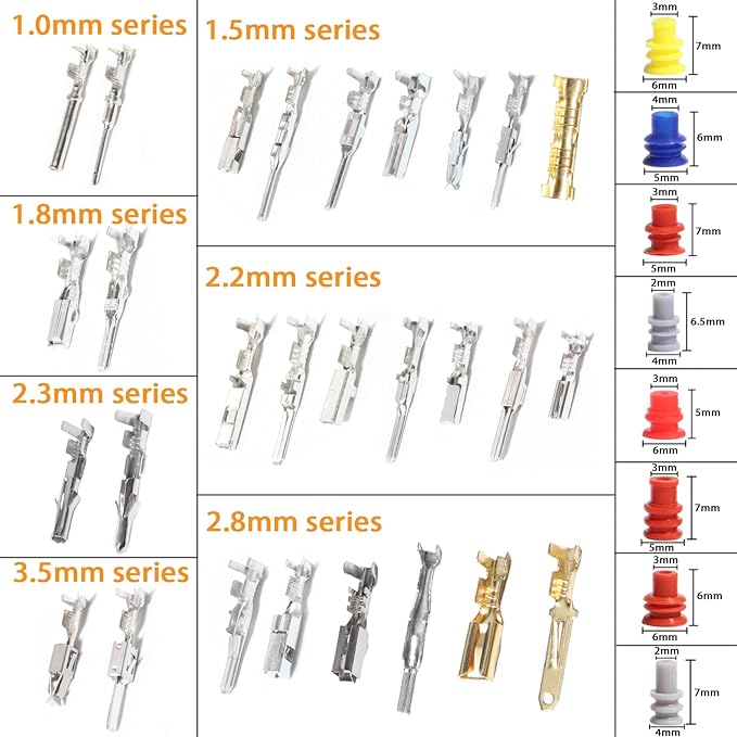 Connector Pins Kit Terminal Pin Automotive Car Electrical 1/1.5/1.8/2.2/2.3/2.5/2.8/3.5mm Male&Female Wire Seals Removal Tool kit Motorcycle ATV Wire Non-Insulated Plug Crimp tools Set