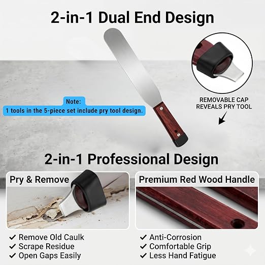 5-Piece Essential Caulk Spatula Set with Wooden Handle | 5-piece caulking finishing tool kit with 1.0mm ultra-flexible stainless steel scraper, canvas bag for sinks, windows,corners