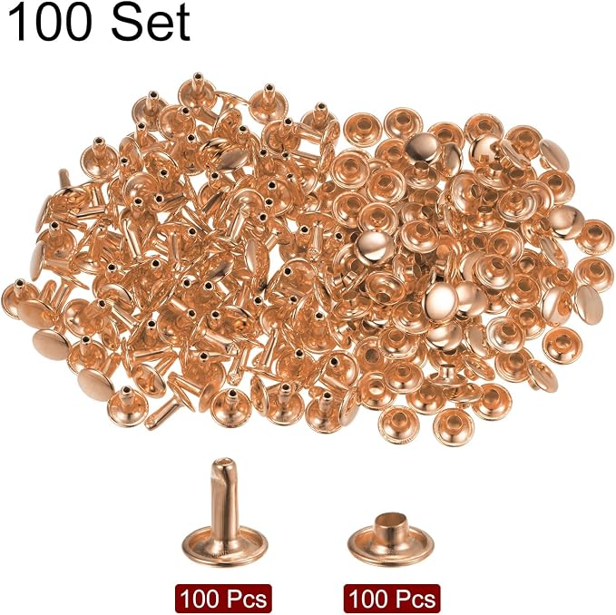 HARFINGTON 100 Sets Leather Rivets 10 x 9mm Metal Double Cap Rivet Snaps Studs Fasteners with 3pcs Setting Tools for Leather Craft DIY Repair Decoration, Light Gold Tone