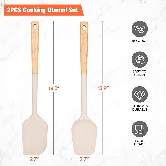 Large Silicone Rubber Spatula Scrapers 14" with Long Wood Handle,Heat Resistant,Durable, Essential Baking Tools for Mixing, Folding, Scraping,Spreading for Nonstick Cookwares,Pack of 2 (Khaki)