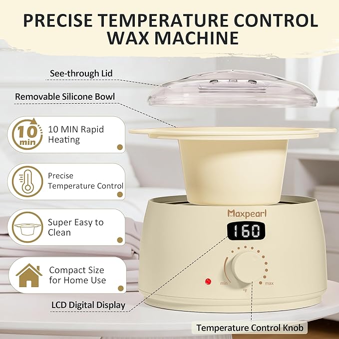 Maxpearl Rosin-Free Waxing Kit for Women Men - Sensitive Skin Friendly, Digital Wax Warmer with Silicone Pot, At Home Hair Removal Kit for Eyebrows, Brazilian, Underarms, Bikini & Full Body
