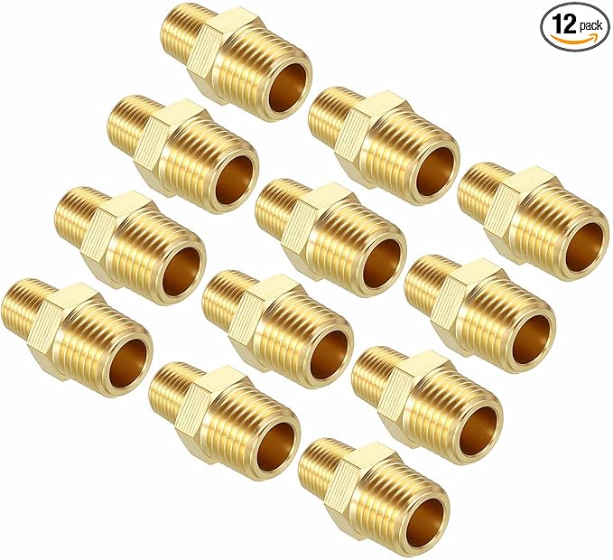 Packs of 12, 1/4" MNPT To 1/8" MNPT Solid Brass Hex Nipple Hose Connectors, Male Pipe Adapters for Pipe Leak Repair, Bathroom Remodeling, Tool Extension, Compression, Irrigation
