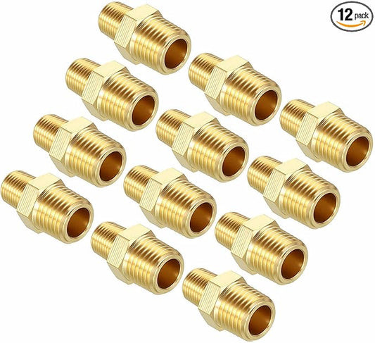 Packs of 12, 1/4" MNPT To 1/8" MNPT Solid Brass Hex Nipple Hose Connectors, Male Pipe Adapters for Pipe Leak Repair, Bathroom Remodeling, Tool Extension, Compression, Irrigation