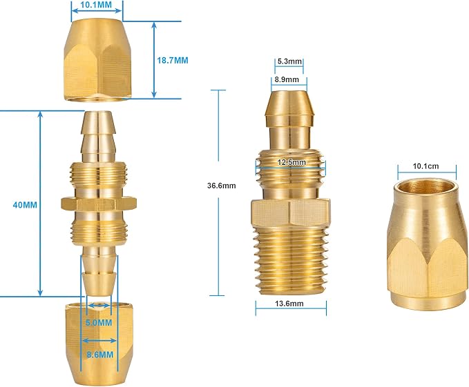 Soild Brass 4pcs 1/4" Barb（1/4" ID Polyurethane Hose） x 1/4" NPT and 4PCS Soild Brass Air Reusable Splicer For 1/4-Inch ID Hose