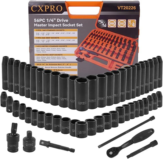 1/4" Cr-V 6 Point Drive Impact Socket Set, 56-Piece Standard SAE (5/32 to 9/16 inch) and Metric (4-15mm) Size, 1/4-Inch Ratchet Handle, Extension Bar, Universal Joint