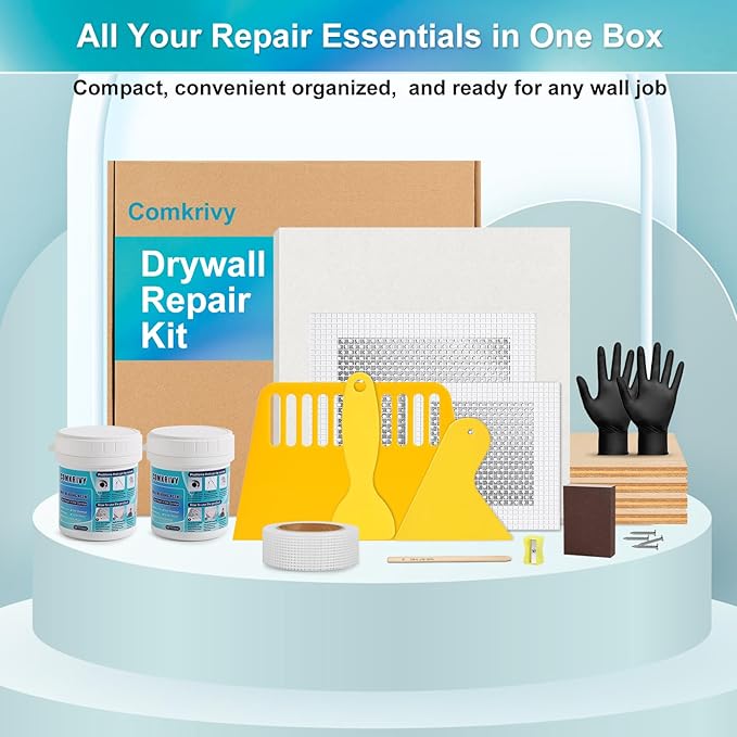 37 Pcs Drywall Repair Kit with 12"x12" Dry Wall Panel, Dry wall Patch Kit Sheetrock Repair Kit with Spackle, Mesh Tape, Putty Knives & Sanding Block for Sheet Rock Wall Surface Ceiling Large Hole Fill