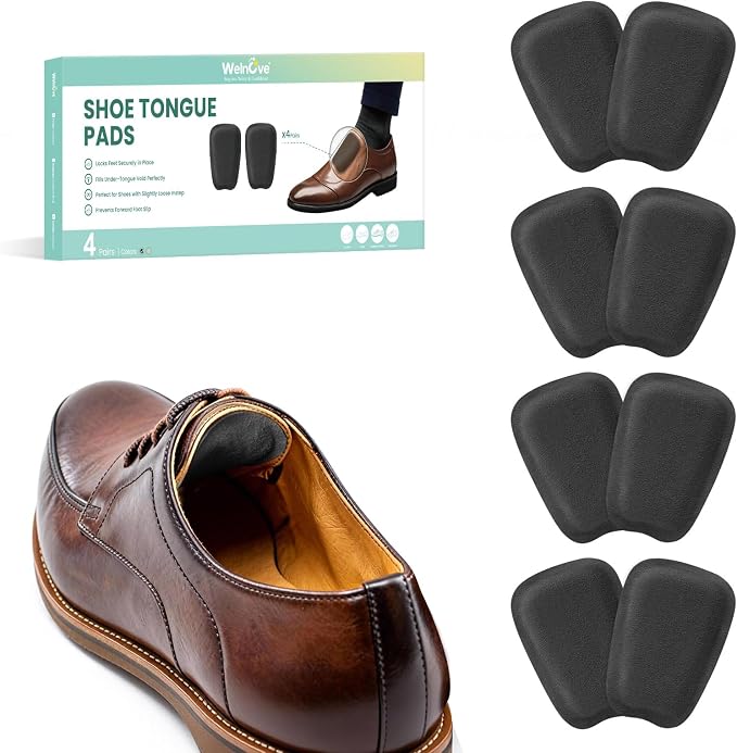 Shoe Tongue Pads for Men & Women - Welnove 4 Pairs Suede Memory Foam Shoe Padding Cushion Soft Self Adhesive Inserts Filler for Boots, Leather Shoes, Dress Shoes, Loafers (Black, Size L)