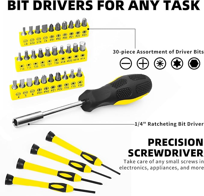 58-Piece Yellow Tool Kit | Basic Home Repair & General Household Hand Kit | Small Tool Set with Plastic Storage Toolbox for Home, Office, College & DIY Repairs