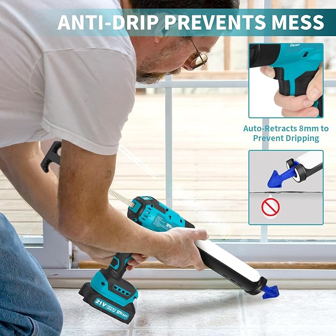 Cordless Caulking Gun, 21V Battery Powered Caulk Gun, Electric Caulking Gun w/2 x 2.0Ah Batteries, 9Pcs Caulk Remover Tool, LED Light, Auto Retract for Filling, Sealing