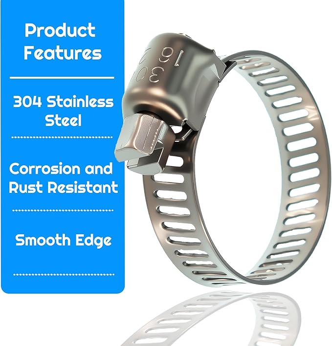 50pcs of 6-29 mm / 1/4 inch - 1-1/8 inch flexible hose clamps, 304 stainless steel worm-type hose clamps, suitable for pipes, intermediate coolers, water pipes, fuel pipes