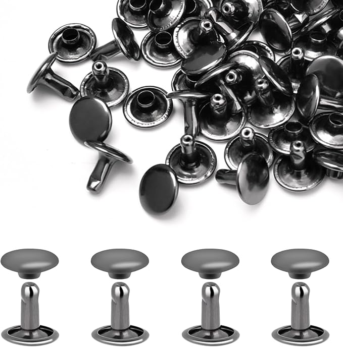 200Sets Rivets for Leather, 10mm Double Cap Leather Rivets Metal Tubular Studs for Key Fob Clothing Pets Collar Boots Bags Belt Repair and Decoration (Black)
