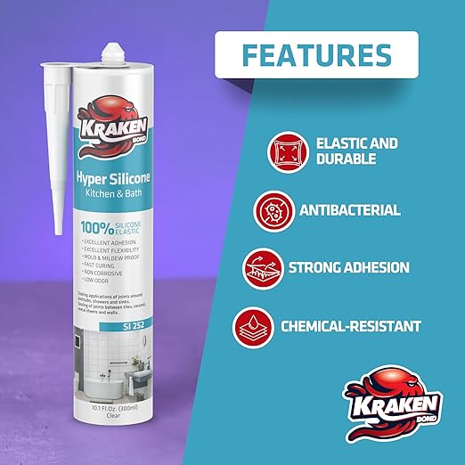 Kraken Bond Hyper Clear Caulking Sealant - (12x10.1 Fl. Oz) Fast Curing 100% Silicone Neutral for Kitchen & Bathroom, Bathtub, Shower and Sink, Low Odor, Waterproof, Anti Shrink Caulking, 12 Pack
