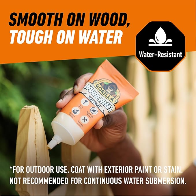 Gorilla All Purpose Wood Filler, Natural Color, 6 Ounce Tube (Pack of 2) - Water Resistant for Indoor or Outdoor Projects and Repairs