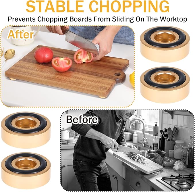 12 Pack Brass Cutting Board Feet with Non Slip Pads 1.18 x 0.39 Inch Gold Aluminum Alloy Legs with Silicone Pads & Screws Kit, Anti-Skid Stabilizers for Chopping Blocks, Furniture & Shelves