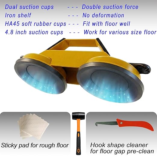Floor Gap Fixing Tool, with Dual Heavy Duty 45°Striking Surface, Enhanced Suction Cups, 6X Sticky Pads, Rubber Mallet, Hook Tool, Works for Laminate, Vinyl, LVP, Wooden, Hardwood, Floor