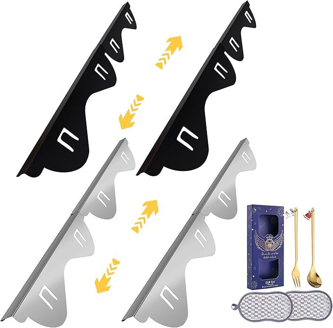 Stove Gap Covers Stainless Steel, Heat Resistant Gap Filler, Adjustable 13.8” to 27.6” Length, Range Trim Kit - KIGJU Side Gap Guards for Stovetop, Kitchen Counter & Oven (Black+Silver 4 Pack)