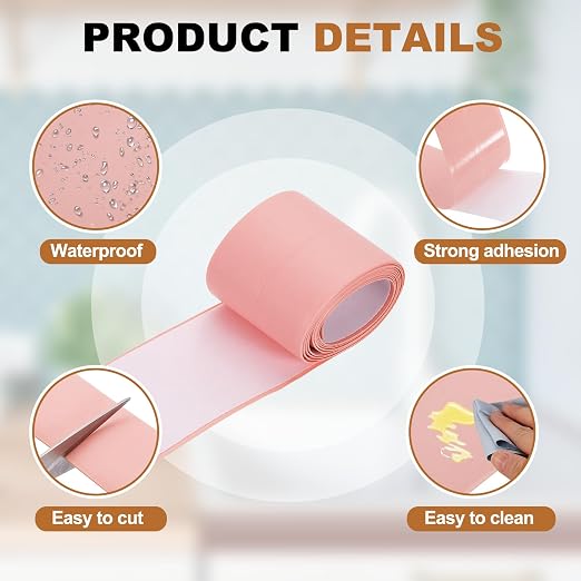 uxcell Caulk Tape Waterproof, 1.5 Inch x 4.92 ft Self-Adhesive Sealant Sealing Strip Caulking Sealant Tape PVC with Tool for Kitchen Sink Toilet Bathroom Bathtub Floor, Pink