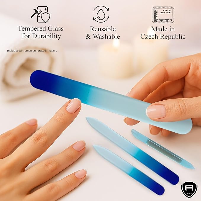 Alban Czech Glass Nail File Set with Manicure Stick & Vegan Leather Cosmetic Case (Royal Blue Nail Files, Light Blue Manicure Stick & Cosmetic Case)