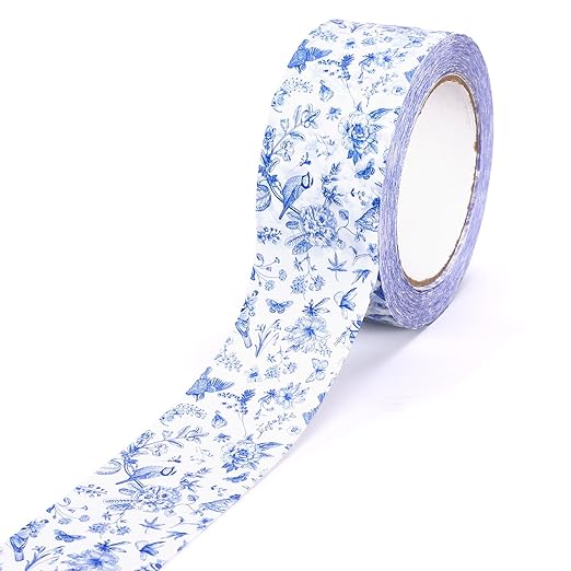 Whaline 109 Yard Spring Blue Floral Packing Tape Gift Wrapping Tape Vintage Chinoiserie Flower Bird Pattern Tapes for Small Business DIY Crafts Carton Decor