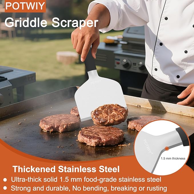 Heavy Duty Griddle Scraper, 5.3" Wide, Sharp Stainless Steel Scraper with Full Tang Silicone Handle, Great BBQ Cleaning Tool for Flat Top Grill & Griddle Cleaning Accessories (1 Pack, Large)
